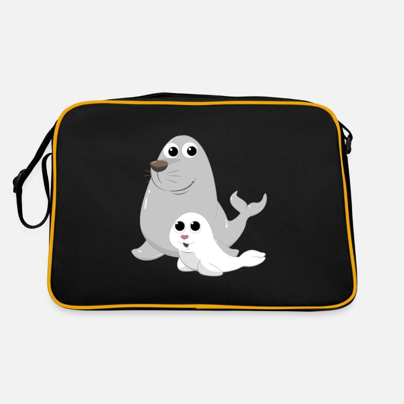 Robbe mit Babyrobbe - Retro Tasche - Schwarz/Gold