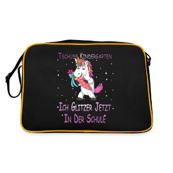 Einhorn Glitzer in der Schule Schulkind Geschenk - Retro Tasche - Schwarz/Gold - Hinten