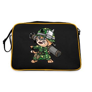 Katze mit Bazooka Panzerfaust Soldat Soldatin - Retro Tasche - Schwarz/Gold - Hinten
