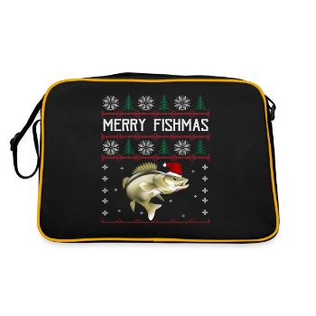 Merry Fishmas Anglershirt Zander Weihnachten - Retro Tasche - Schwarz/Gold - Hinten