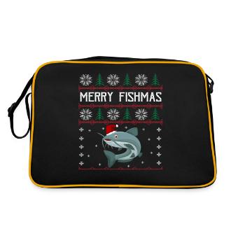 Merry Fishmas Anglershirt Wels Weihnachten - Retro Tasche - Schwarz/Gold - Hinten