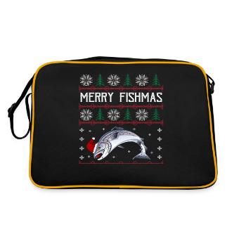 Merry Fishmas Anglershirt Lachs Weihnachten - Retro Tasche - Schwarz/Gold - Hinten