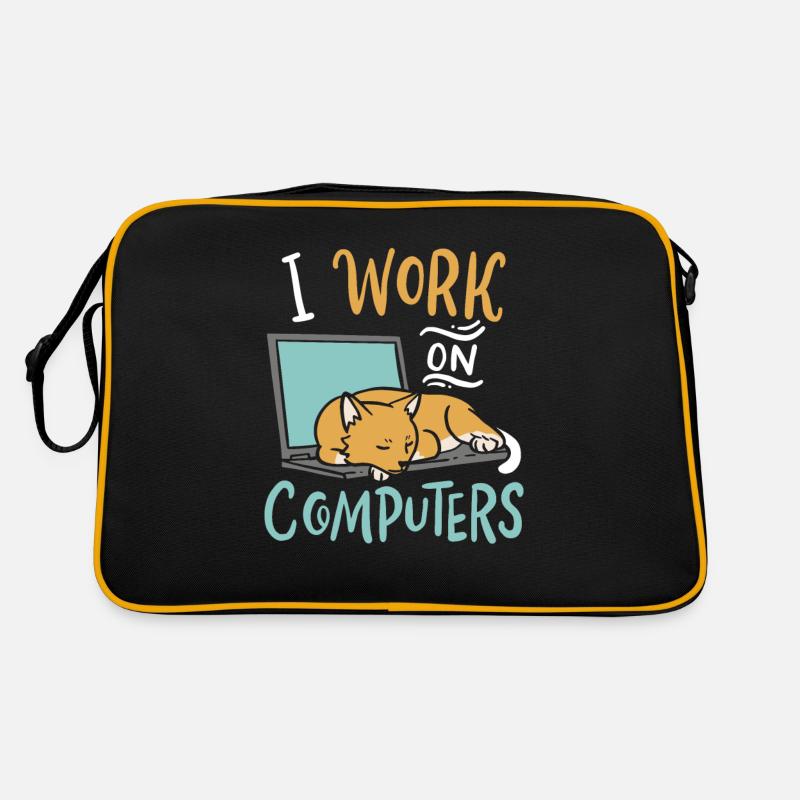 I Work on Computers Katze IT Entwickler Shirt Retro Tasche