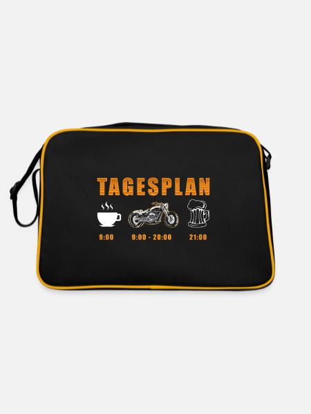 Lustiges Motorrad Tagesplan Bier Spruch Geschenk - Retro Tasche - Schwarz/Gold - Hinten