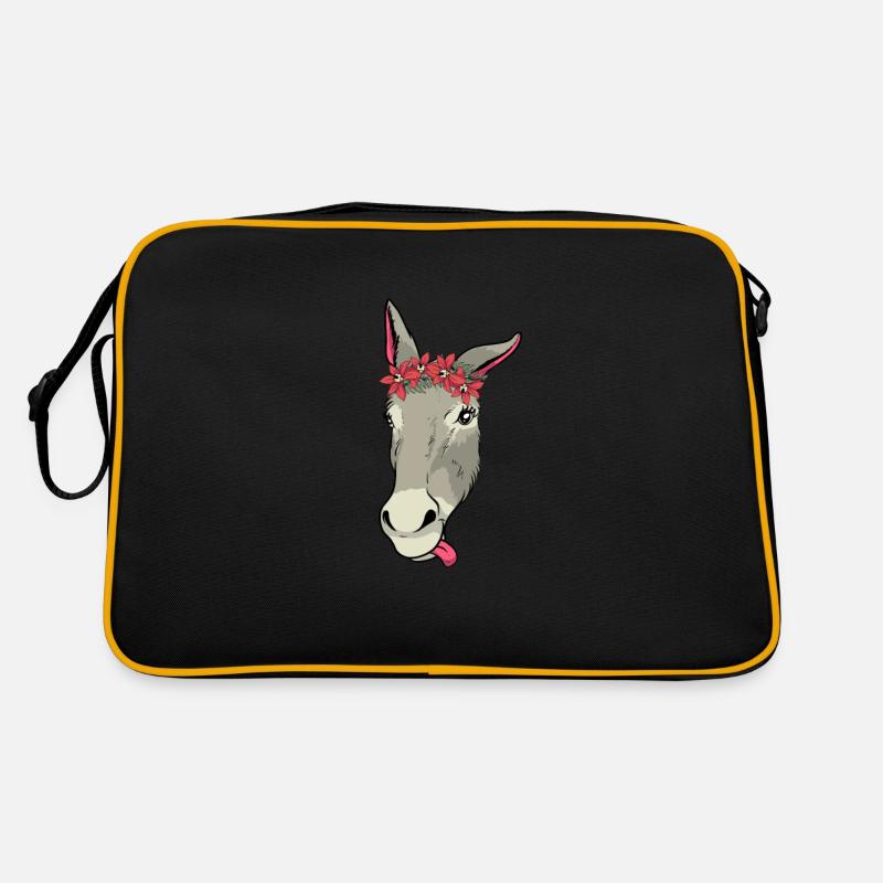 Süßer Esel mit Blumen Geschenk I Maultier - Retro Tasche - Schwarz/Gold