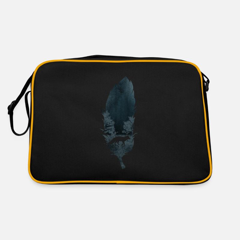 Feder mit Wolf Silhouette Federschmuck Indianer - Retro Tasche - Schwarz/Gold
