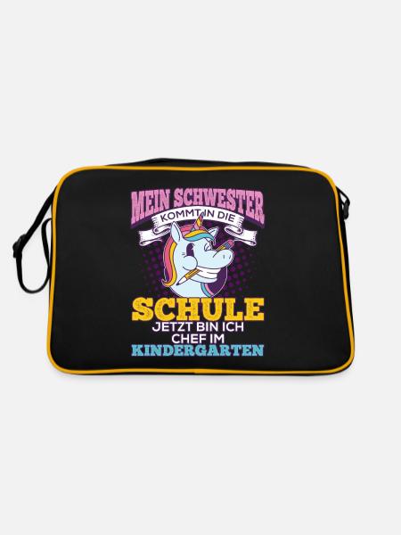Einschulung Geschwister Geschenk Schwester Einhorn - Retro Tasche - Schwarz/Gold - Hinten