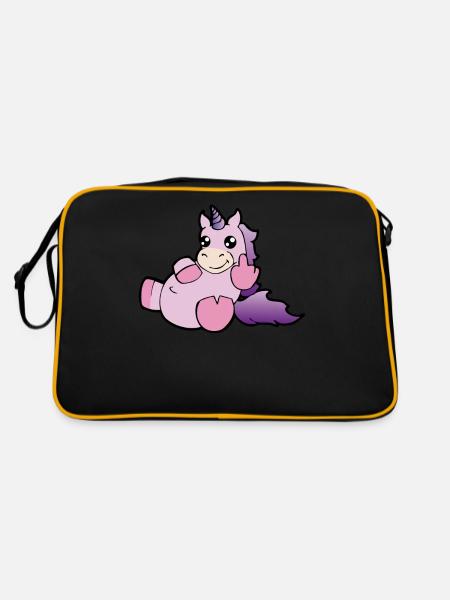 Einhorn Stinkefinger Lustig Freches Tier Geschenk - Retro Tasche - Schwarz/Gold - Hinten