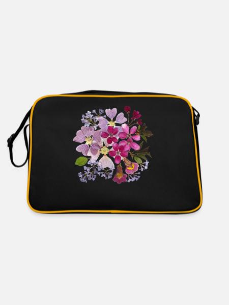 Flieder, Kirschblüten und Malve gepresste Blumen - Retro Tasche - Schwarz/Gold - Hinten