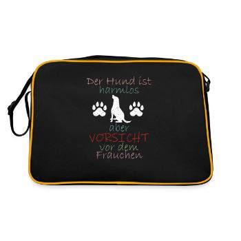 Der Hund ist harmlos, Vorsicht vor dem Frauchen! - Retro Tasche - Schwarz/Gold - Hinten