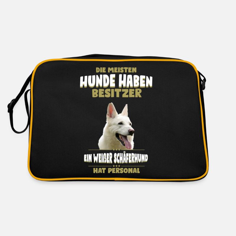 Weisser Schäferhund Tshirt - Weisser Schäferhund - Retro Tasche - Schwarz/Gold