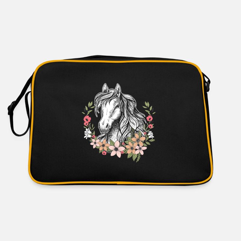 Pferd mit Blumen Mädchen - schönes Pferd - Retro Tasche - Schwarz/Gold