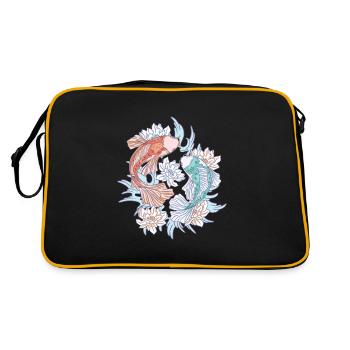 Bunte Koi Fische Ying und Yang mit Blumen - Retro Tasche - Schwarz/Gold - Hinten