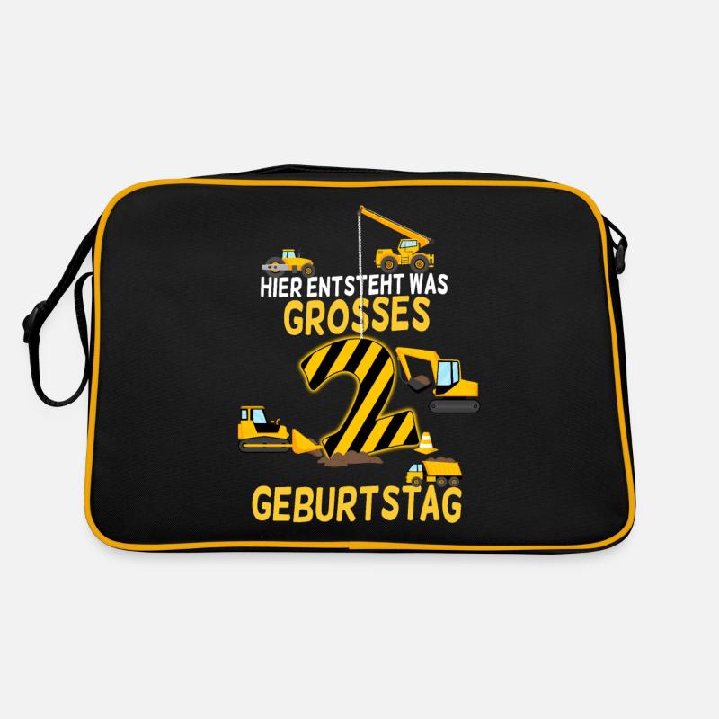 2.Geburtstag Geburtstagskind Baustelle Kran Bagger - Retro Tasche - Schwarz/Gold
