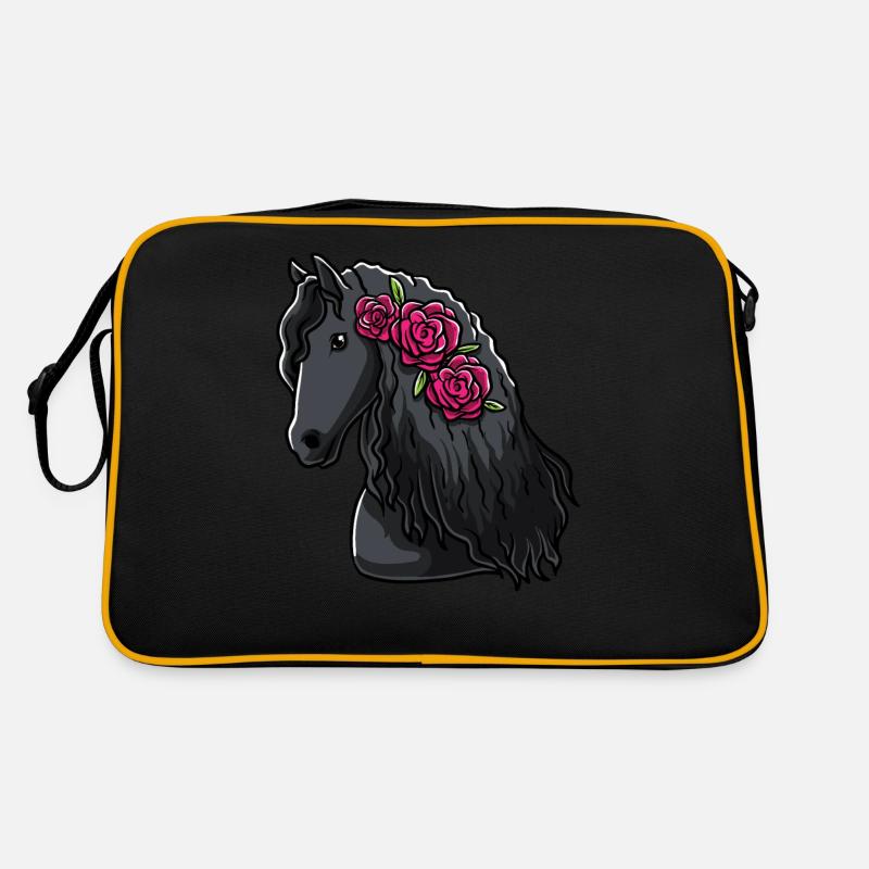 Friesenpferd mit Blumen Pferdefan Geschenk - Retro Tasche - Schwarz/Gold