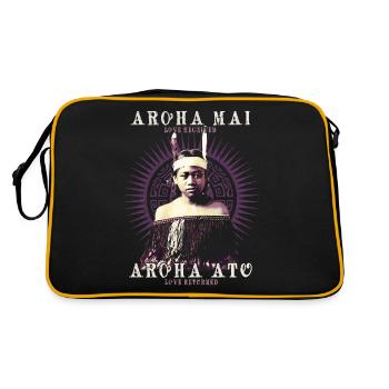 Aroha Mai, Maori Love Proverb Design, NZ Kiwi - Sac Retro - noir/or - Dos