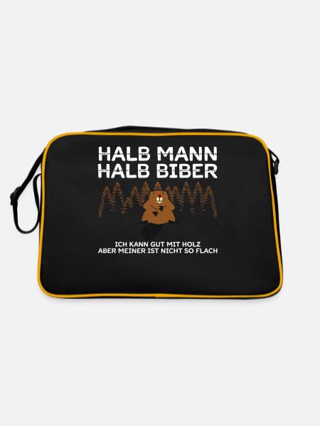 Halb Mann Halb Biber Aber Nicht So Flach Tischler - Retro Tasche - Schwarz/Gold - Hinten