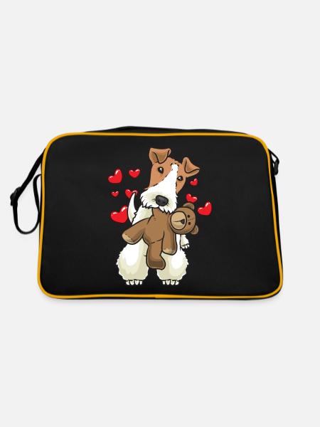 Foxterrier Drahthaar Hund mit Stofftier - Retro Tasche - Schwarz/Gold - Hinten