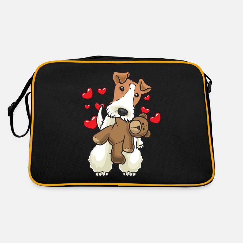 Foxterrier Drahthaar Hund mit Stofftier - Retro Tasche - Schwarz/Gold