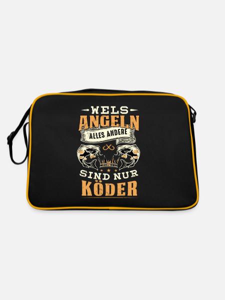 Angler Fisch Wels Angeln Waller Köder Lustig - Retro Tasche - Schwarz/Gold - Hinten
