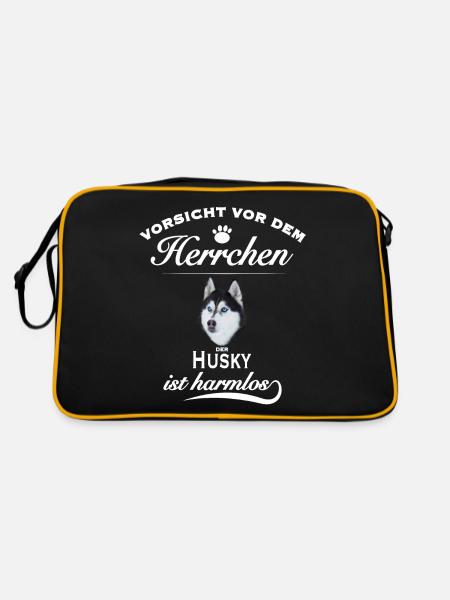 Husky - Vorsicht vor dem Herrchen. Harmlos - Retro Tasche - Schwarz/Gold - Hinten