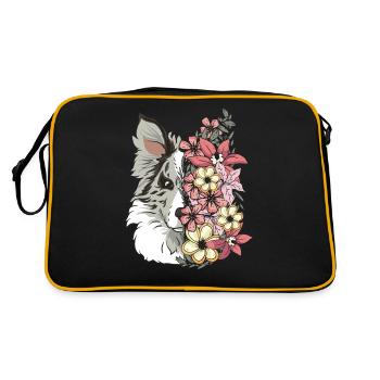 Border Collie Blue Merle with Flowers - Retro Bag - black/gold - Back