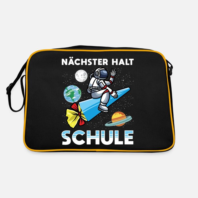 Einschulung Schulkind 2021 mit Astronaut & Rakete - Retro Tasche - Schwarz/Gold