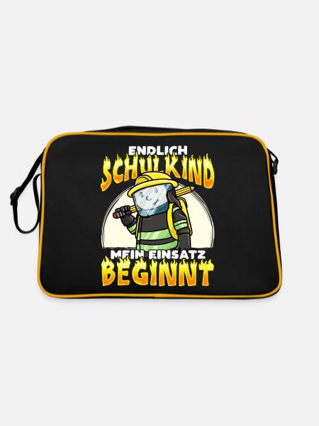 Einschulung Schulkind 2021 Feuerwehr Schulanfang - Retro Tasche - Schwarz/Gold - Hinten
