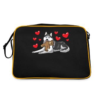 Siberian Husky dog with cuddly toy - Retro Bag - black/gold - Back
