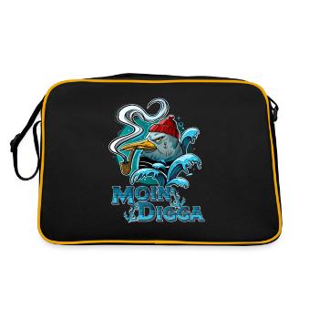 Moin Digga Möwe Lustiger Spruch Anker Nordsee - Retro Tasche - Schwarz/Gold - Hinten