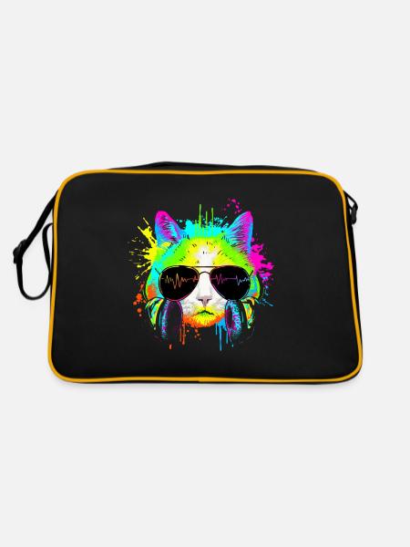 Funny Kitty Colorful Rainbow Rave Music DJ Cat - Retro Bag - black/gold - Back