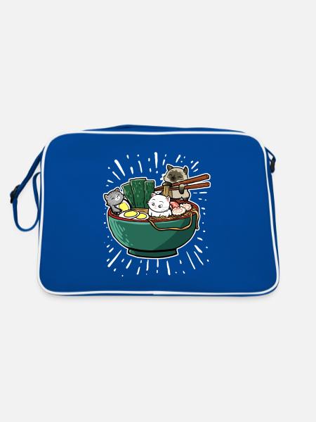 Japanisch Ramen Nudeln Schale Kawaii Anime Katze - Retro Tasche - Blau/Weiß - Hinten