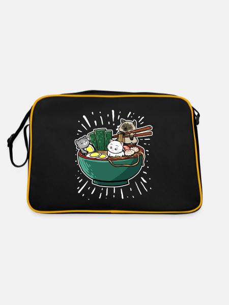 Japanisch Ramen Nudeln Schale Kawaii Anime Katze - Retro Tasche - Schwarz/Gold - Hinten