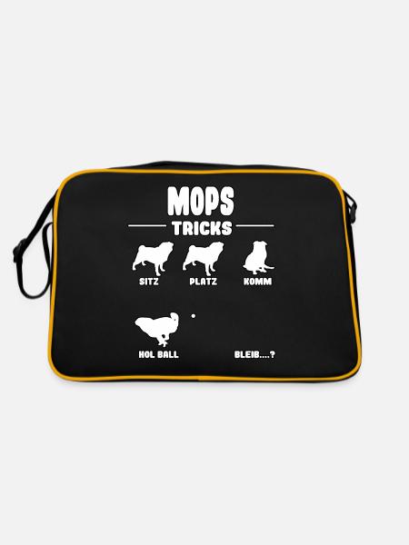 Witziges Mops Pug Puggle Hunde Tricks - Retro Tasche - Schwarz/Gold - Hinten