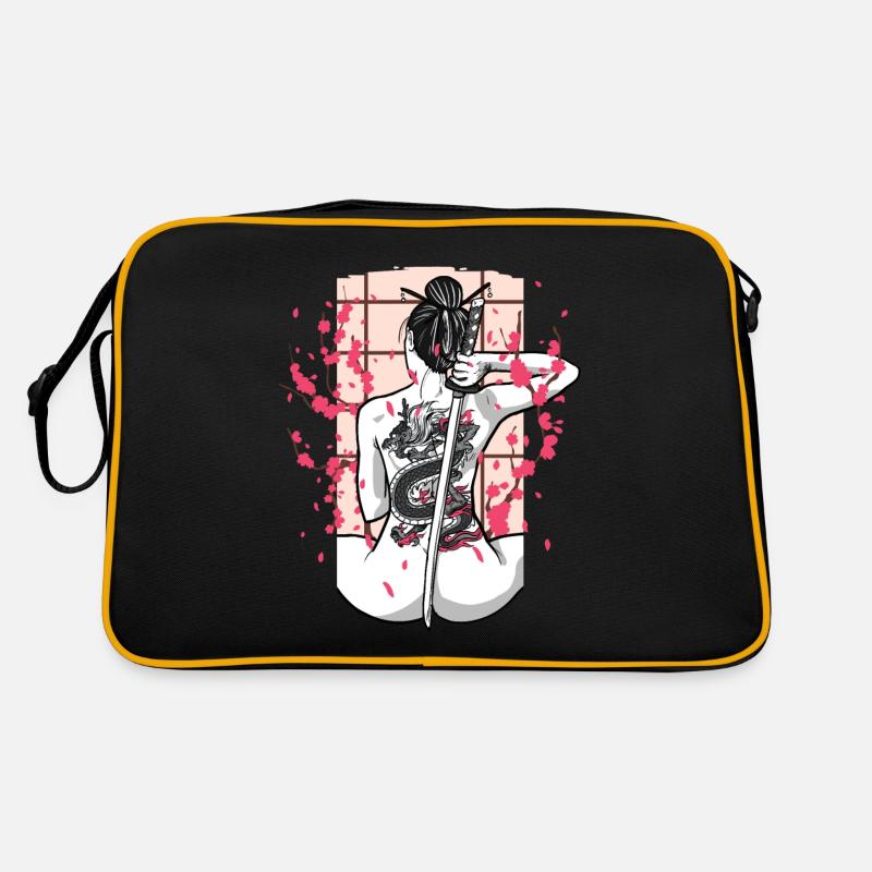 Japanisch Drache Tattoo Samurai Japan Kirschblüte - Retro Tasche - Schwarz/Gold