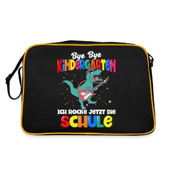 Dinosaurier Schulbeginn Schulanfänger Schulkind - Retro Tasche - Schwarz/Gold - Hinten