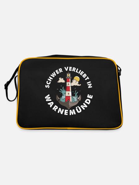 Schwer verliebt - Warnemünde Ostsee mit Leuchtturm - Retro Tasche - Schwarz/Gold - Hinten