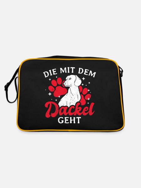 Die mit dem Dackel geht - Dackel Mama Muttertag Ge - Retro Tasche - Schwarz/Gold - Hinten