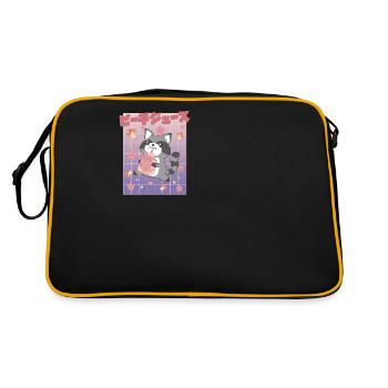 Kawaii Raccoon Drinking Peach Juice - Retro Tasche - Schwarz/Gold - Hinten