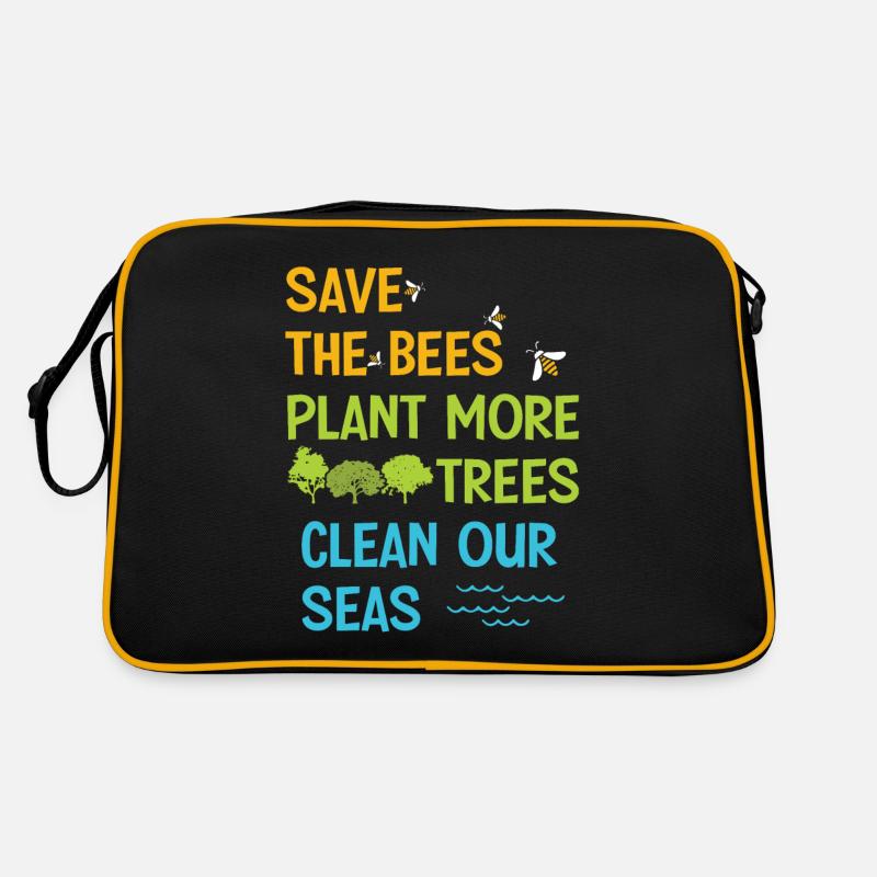 Save The Bees Plant More Trees Clean Seas - Sac Retro - noir/or