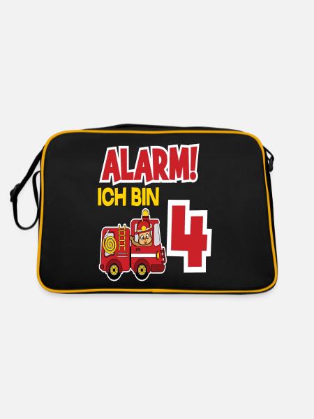 Alarm Ich Bin 4. Geburtstag Feuerwehrmann Junge - Retro Tasche - Schwarz/Gold - Hinten