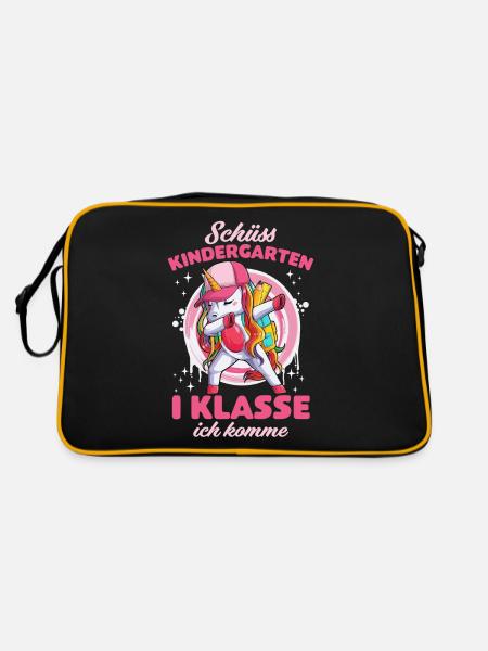 Einschulung 2022 Tschüss Kindergarten Einhorn - Retro Tasche - Schwarz/Gold - Hinten