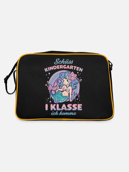 Einschulung 2022 Tschüss Kindergarten Meerjungfrau - Retro Tasche - Schwarz/Gold - Hinten