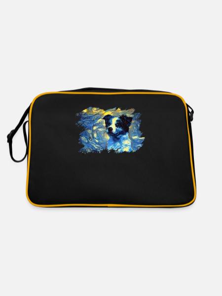 Border Collie in einem sternenklaren Nachtporträt - - Retro Tasche - Schwarz/Gold - Hinten