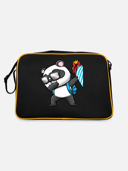 Schulkind Einschulung Panda - Retro Tasche - Schwarz/Gold - Hinten