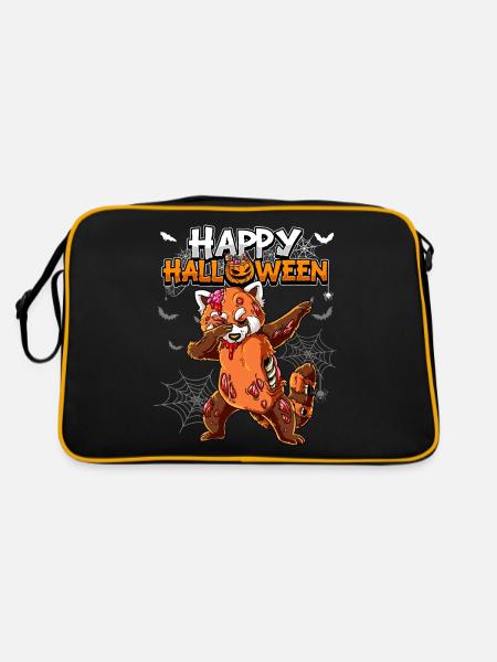 Halloween Roter Panda Zombie - Retro Tasche - Schwarz/Gold - Hinten