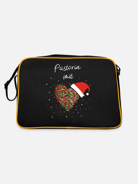 Pastorin mit Herz Weihnachtsmütze Wichteln - Retro Tasche - Schwarz/Gold - Hinten