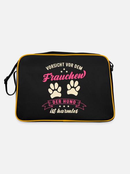 Vorsicht Vor Dem Frauchen Der Hund Ist Harmlos - Retro Tasche - Schwarz/Gold - Hinten