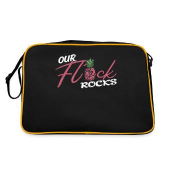 Urlaub Familie Unser Flock Rocks Flamingo - Retro Tasche - Schwarz/Gold - Hinten