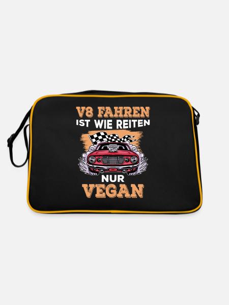 V8 fahren ist wie Reiten nur Vegan Achtzylinder - Retro Tasche - Schwarz/Gold - Hinten